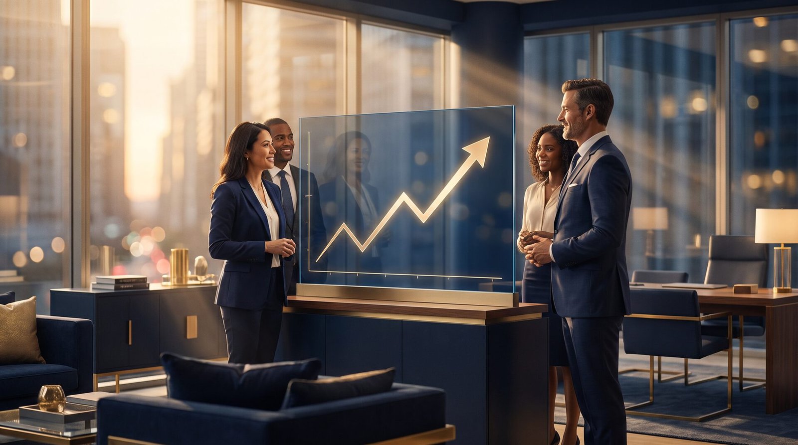 US business growth team reviewing a rising revenue chart