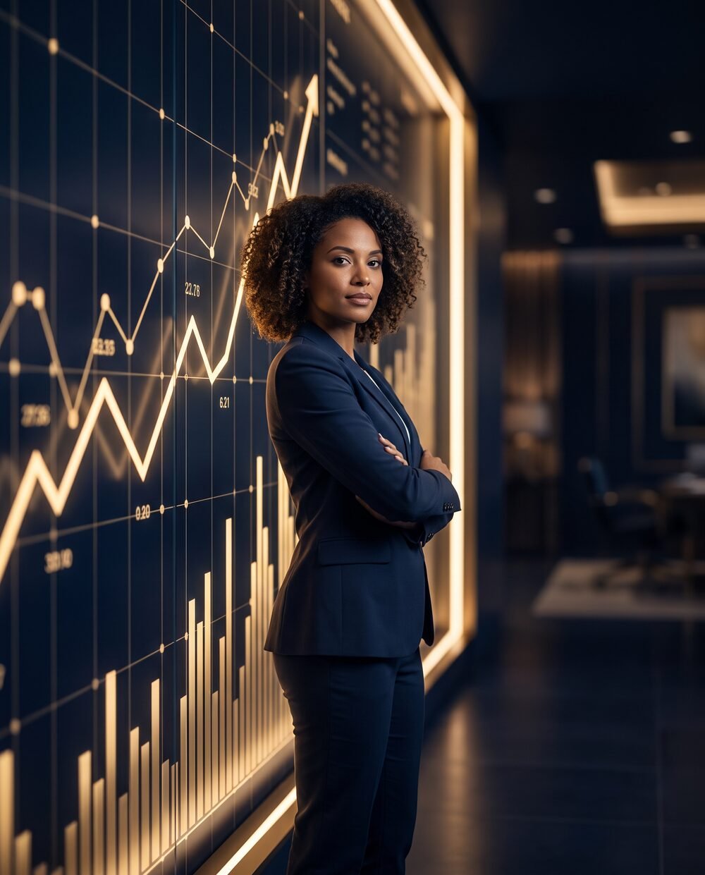 Confident US business owner in front of growth analytics